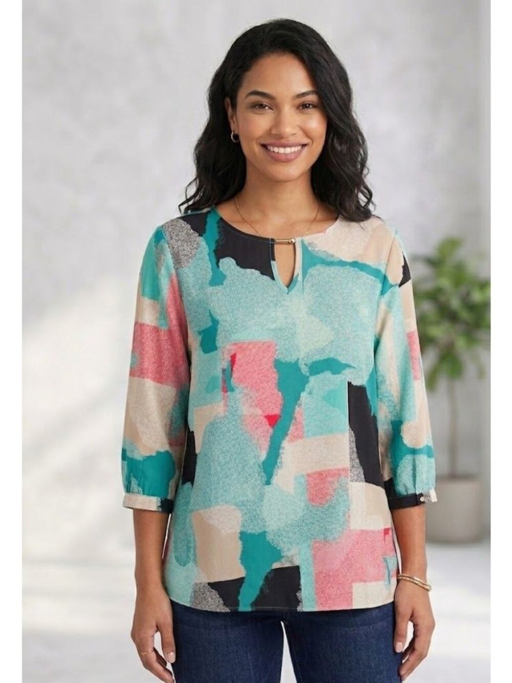 Jennifer Lopez Womens Abstract Print Polyester Blouse With 3/4 Sleeves Large Mul